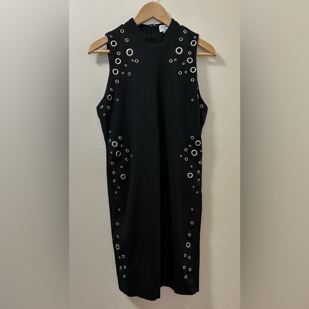 Carmen Marc Valvo Black Sleeveless Bodycon Dress Size 10 Silver Hardware
